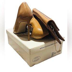 Camel patent leather pump with matching bag